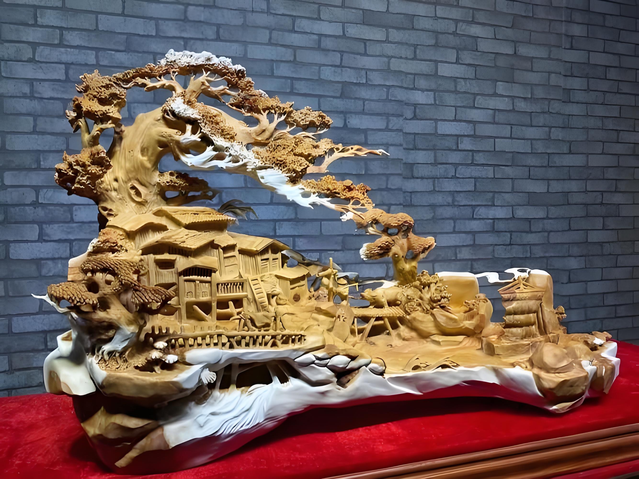 一木藏乡野，刀刻旧山河——崖柏根雕《山居归耕图》
