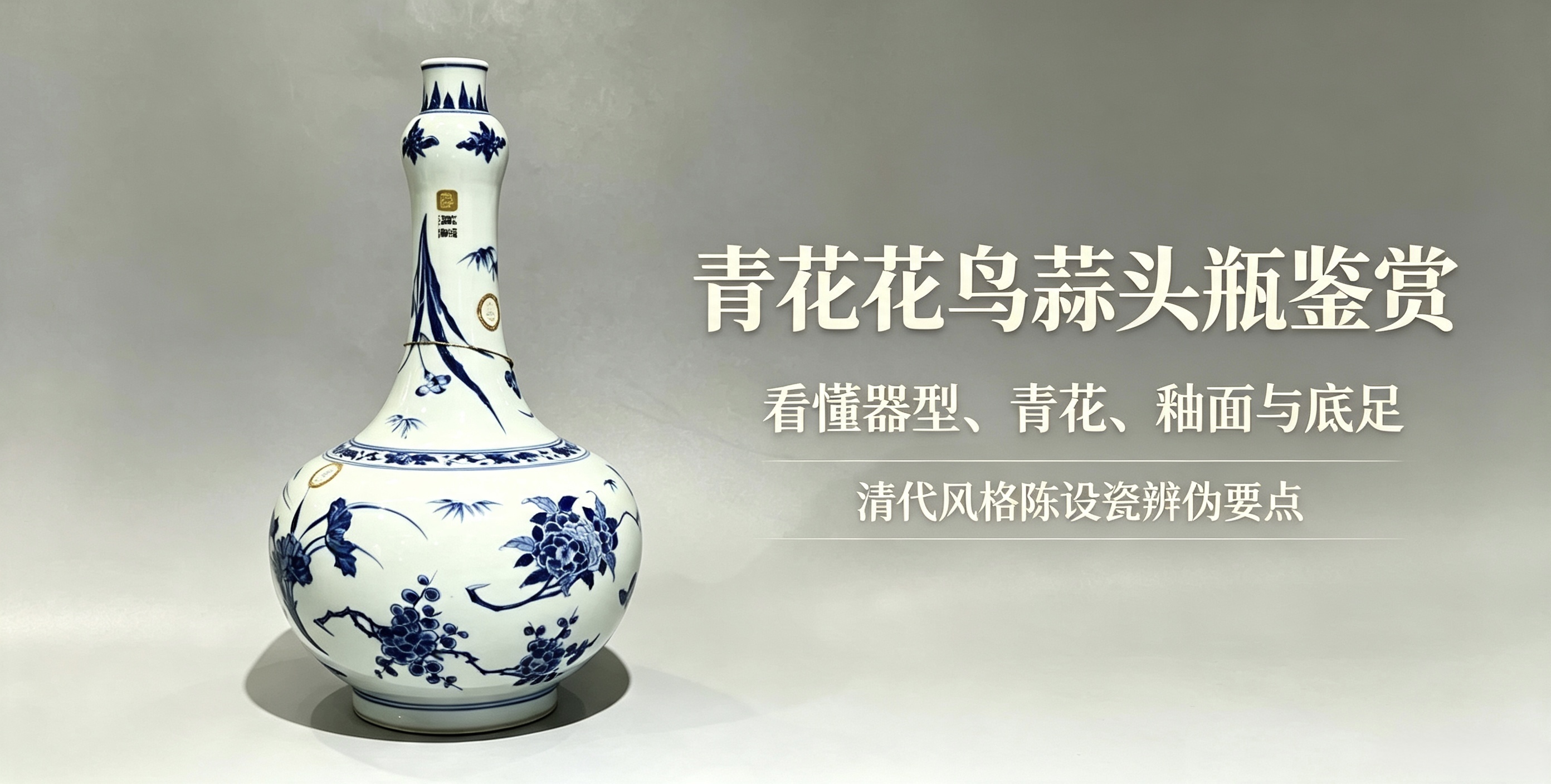 青花四季花鸟纹蒜头瓶｜陈设佳器，器型、青花、底胎需综合研判，收藏谨防高仿